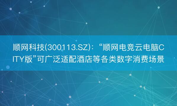 顺网科技(300113.SZ)：“顺网电竞云电脑CITY版”可广泛适配酒店等各类数字消费场景